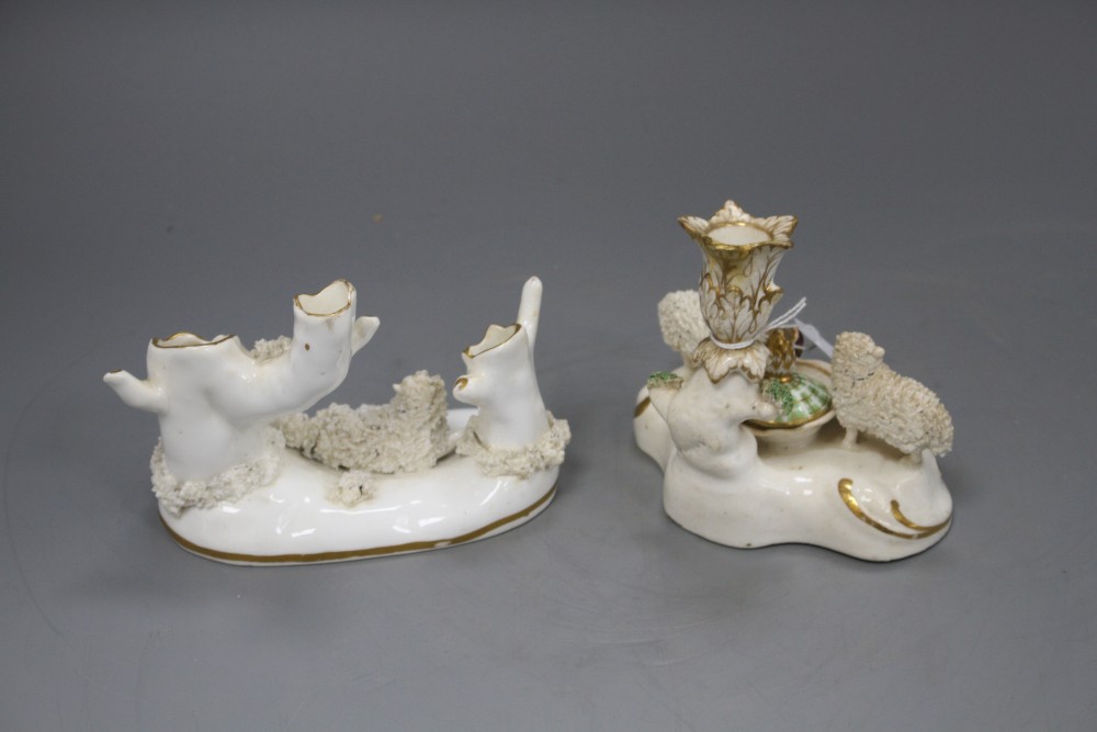 A Staffordshire porcelain sheep inkstand and an Alcock type sheep posy vase, c.1830-40, width 12 and 14cm